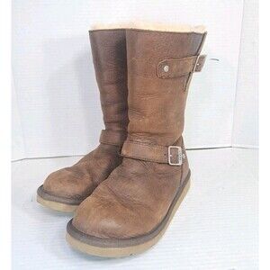 UGG Kensington 5678 Brown Leather Shearling Lined Buckle Moto Boots Women’s 8